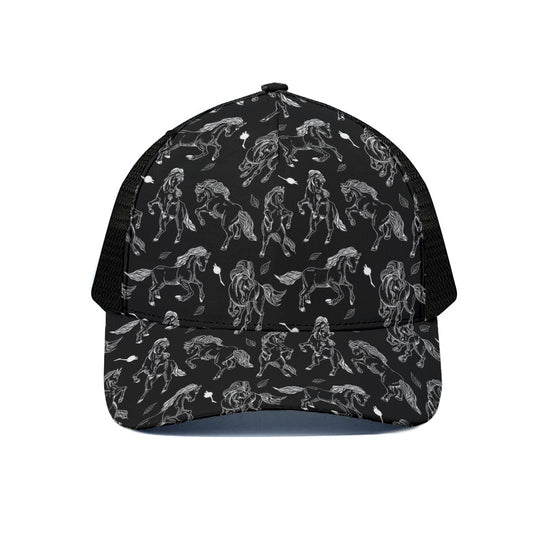 Black And White Horse Pattern Print Black Mesh Trucker Cap