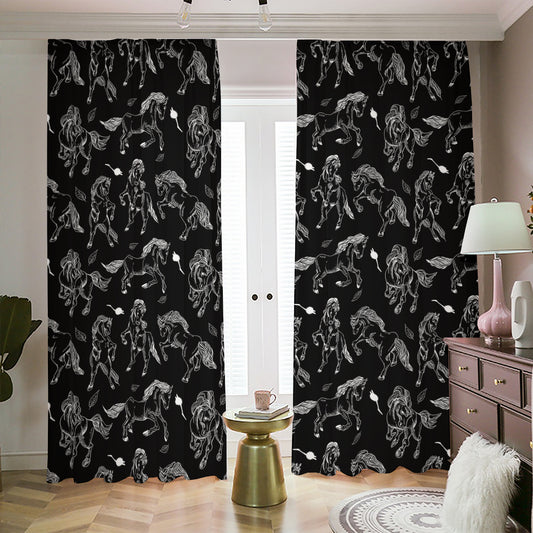 Black And White Horse Pattern Print Blackout Pencil Pleat Curtains