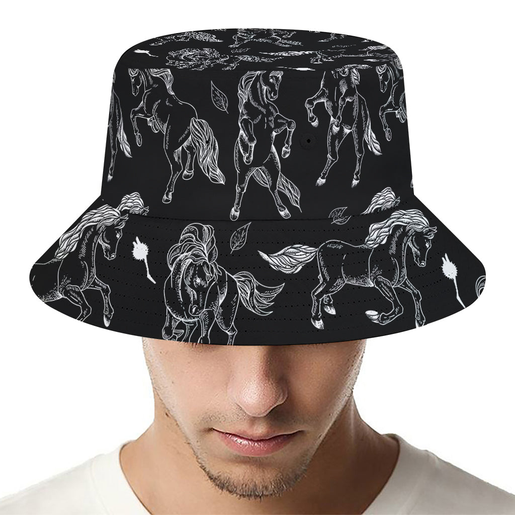 Black And White Horse Pattern Print Bucket Hat