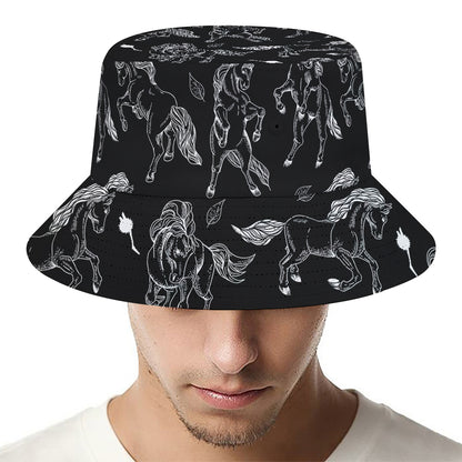 Black And White Horse Pattern Print Bucket Hat