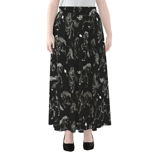 Black And White Horse Pattern Print Chiffon Maxi Skirt