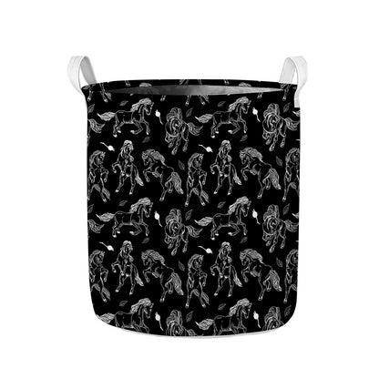 Black And White Horse Pattern Print Collapsible Laundry Basket