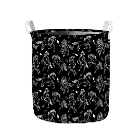Black And White Horse Pattern Print Collapsible Laundry Basket
