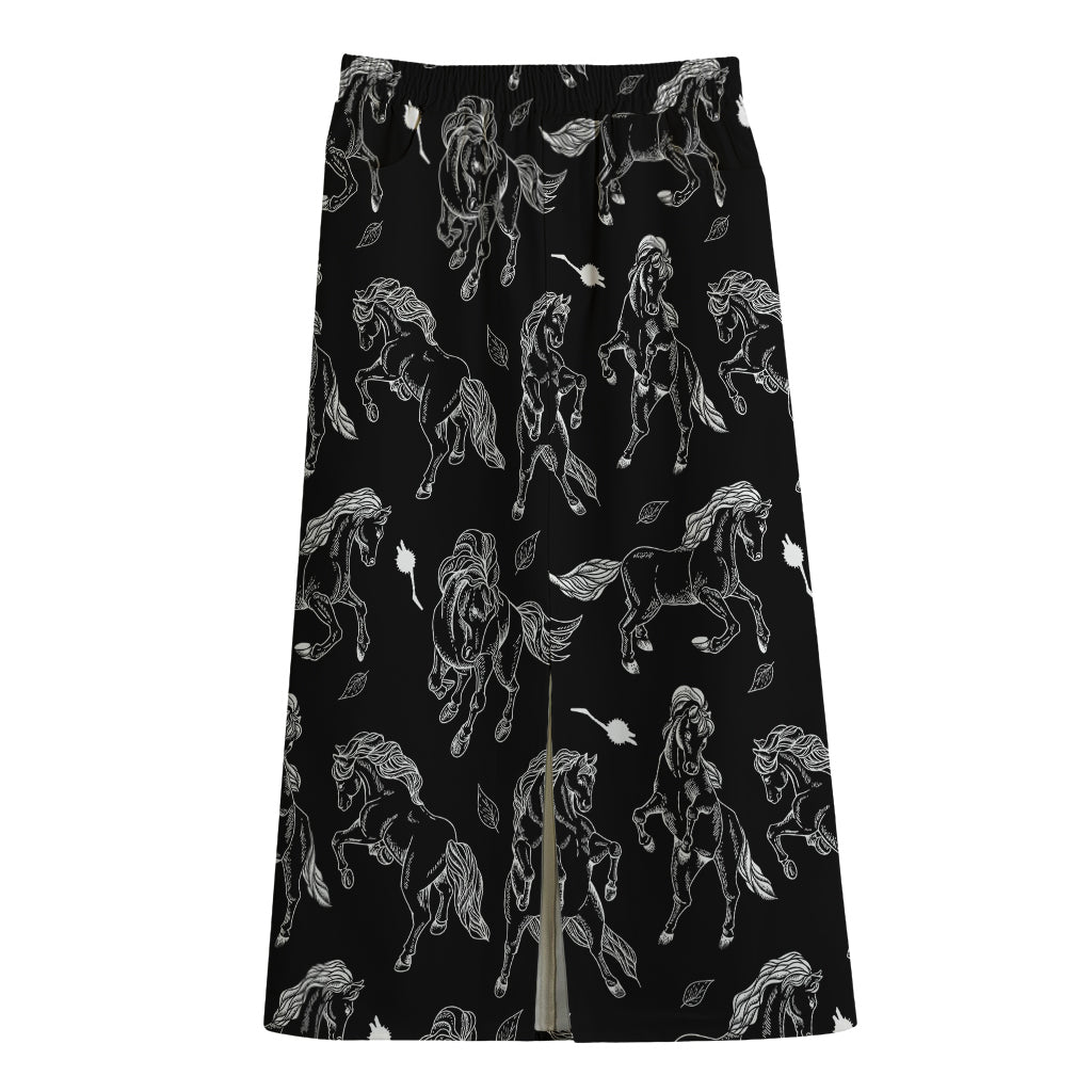 Black And White Horse Pattern Print Cotton Front Slit Maxi Skirt
