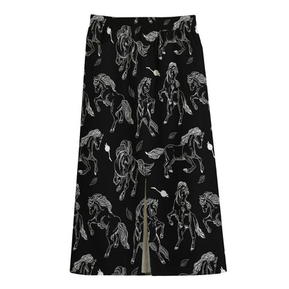 Black And White Horse Pattern Print Cotton Front Slit Maxi Skirt