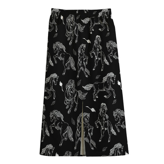 Black And White Horse Pattern Print Cotton Front Slit Maxi Skirt