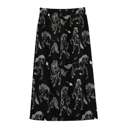 Black And White Horse Pattern Print Cotton Front Slit Maxi Skirt