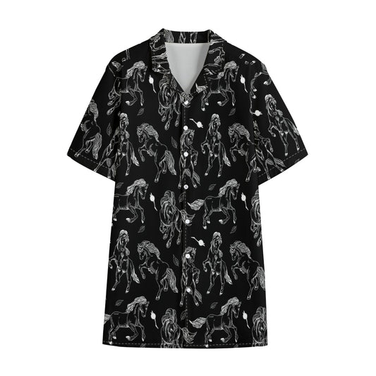 Black And White Horse Pattern Print Cotton Hawaiian Shirt