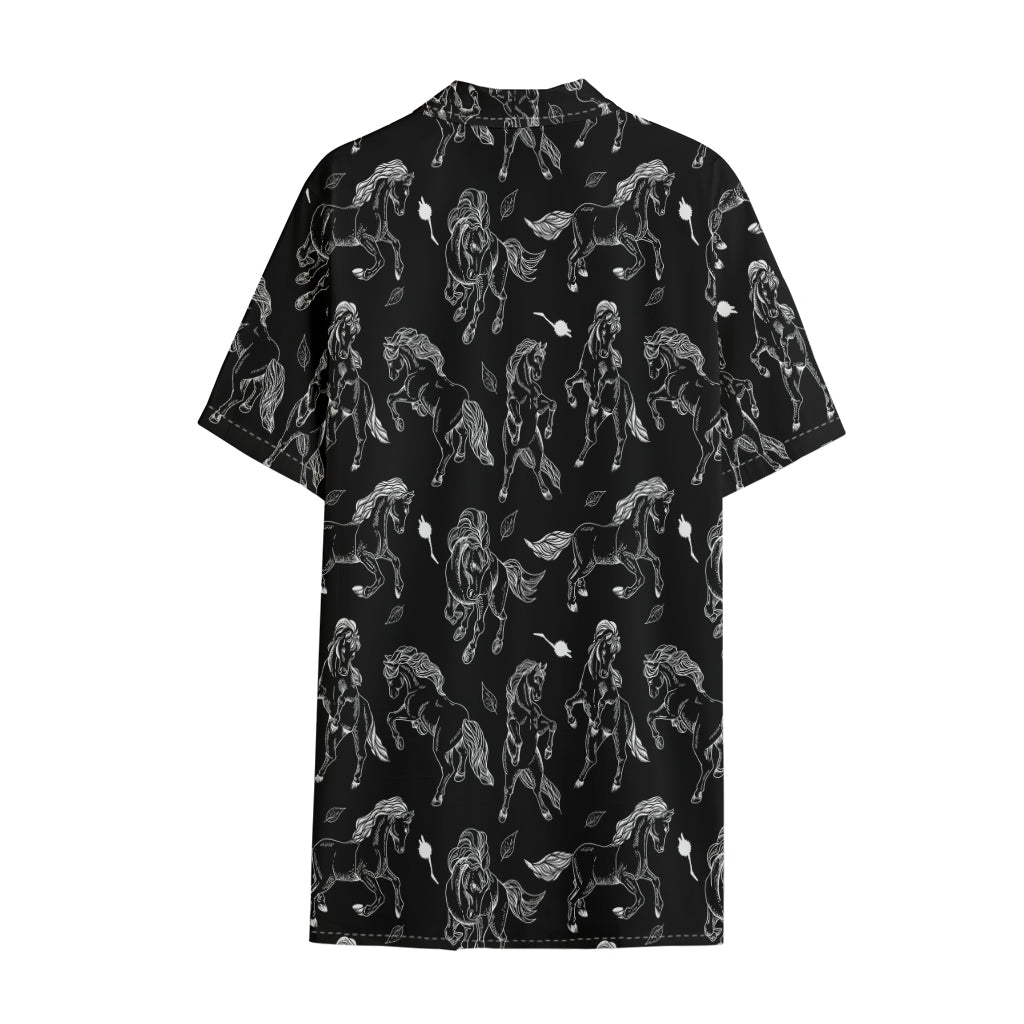 Black And White Horse Pattern Print Cotton Hawaiian Shirt
