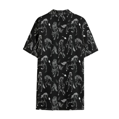 Black And White Horse Pattern Print Cotton Hawaiian Shirt