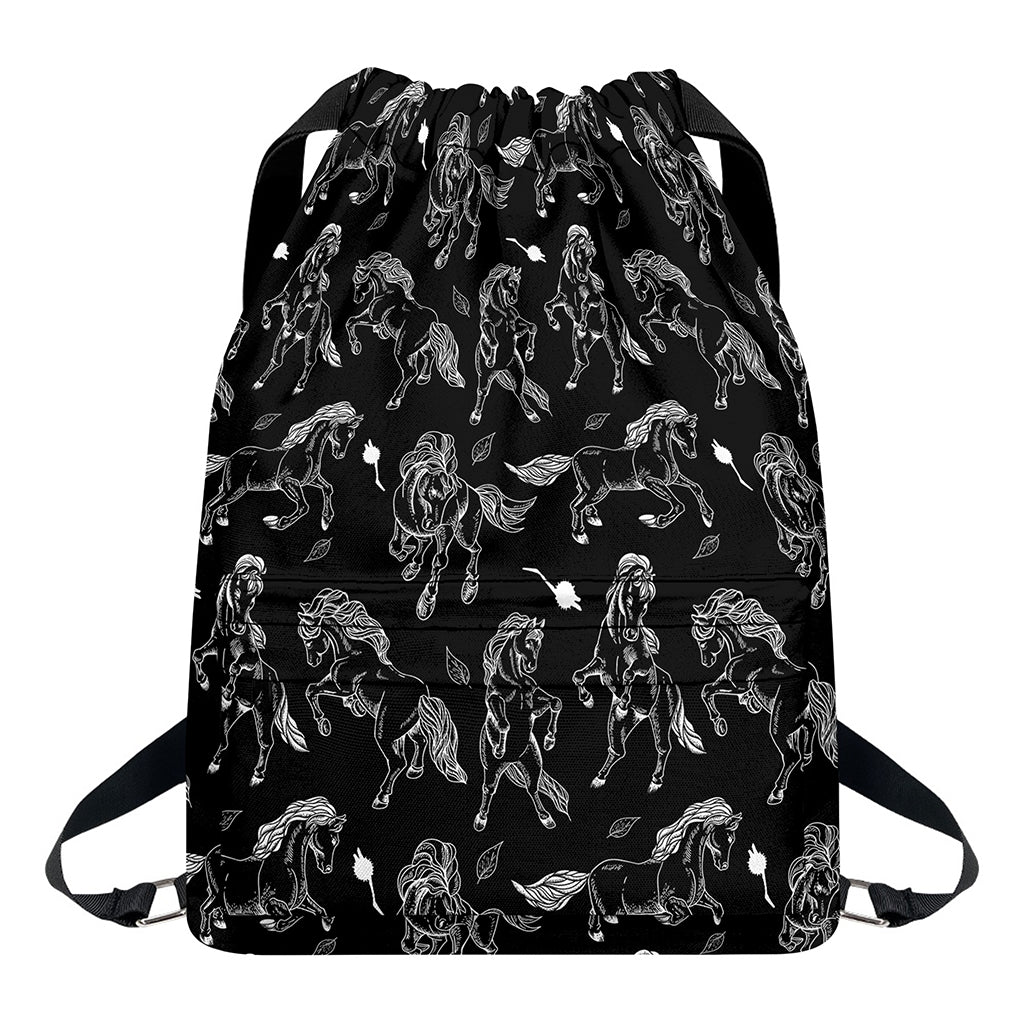 Black And White Horse Pattern Print Drawstring Backpack