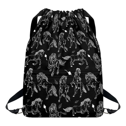 Black And White Horse Pattern Print Drawstring Backpack
