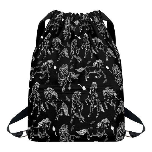 Black And White Horse Pattern Print Drawstring Backpack