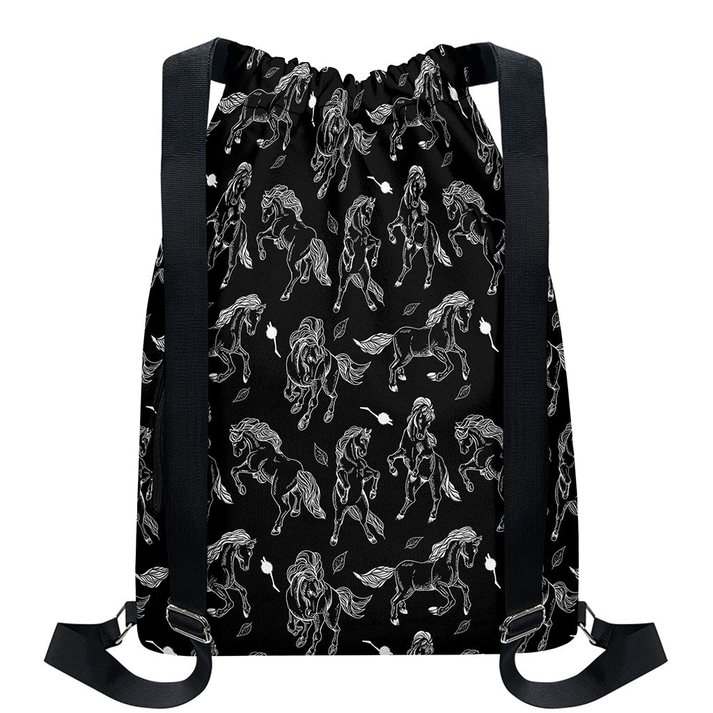 Black And White Horse Pattern Print Drawstring Backpack