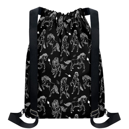 Black And White Horse Pattern Print Drawstring Backpack