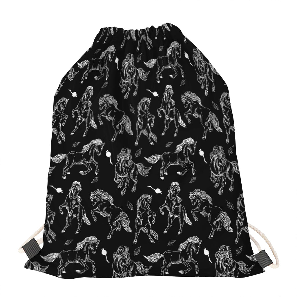 Black And White Horse Pattern Print Drawstring Bag
