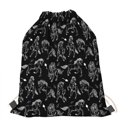 Black And White Horse Pattern Print Drawstring Bag