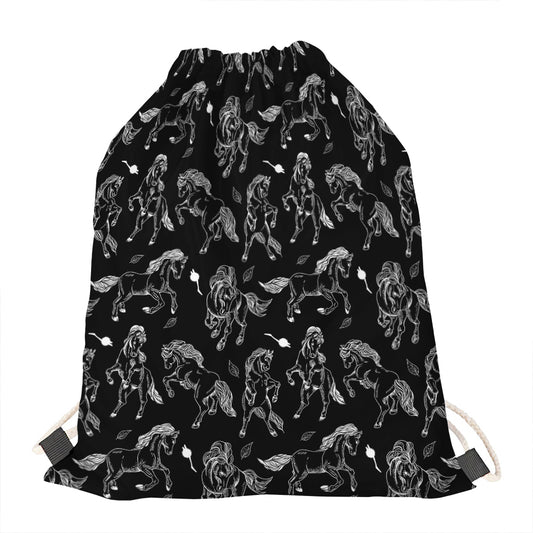 Black And White Horse Pattern Print Drawstring Bag