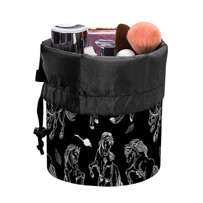 Black And White Horse Pattern Print Drawstring Makeup Bag