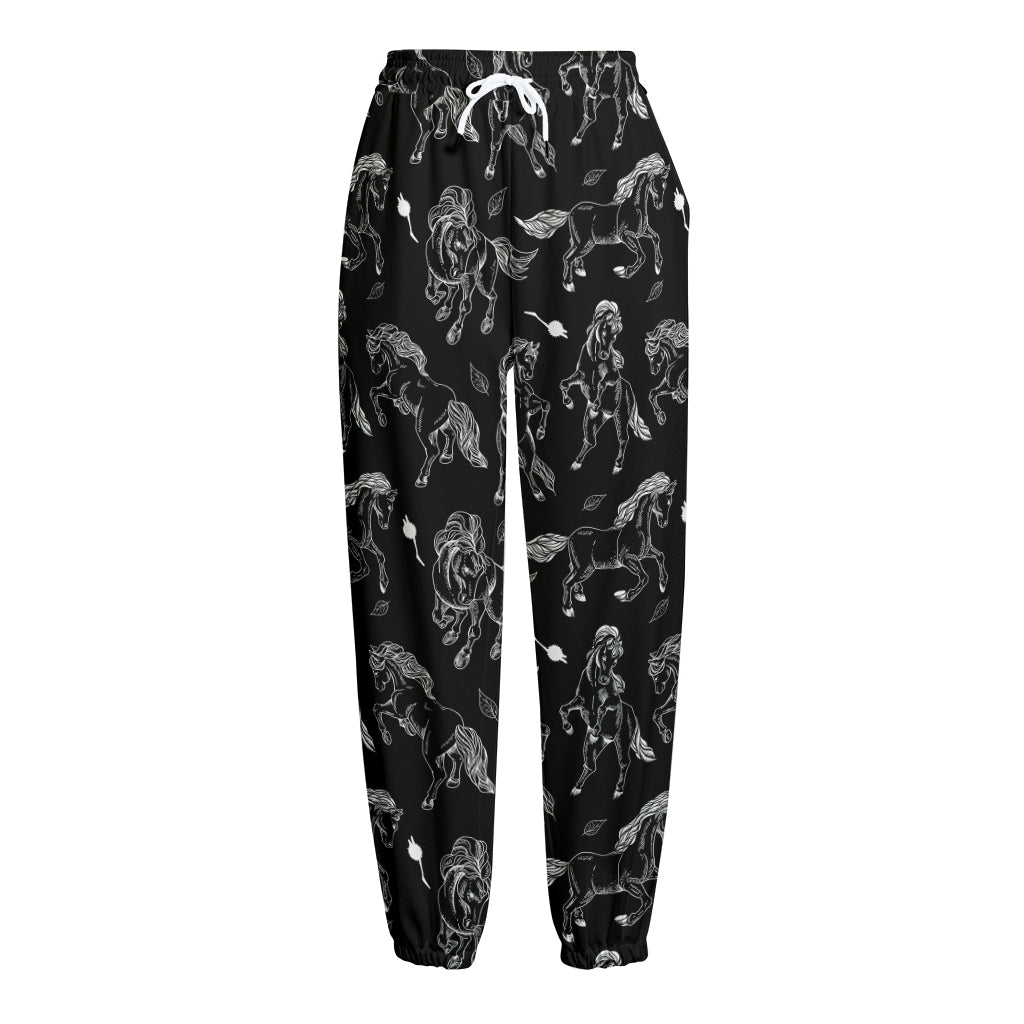 Black And White Horse Pattern Print Fleece Lined Knit Pants