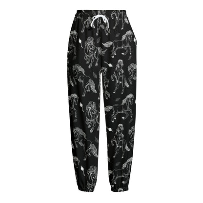 Black And White Horse Pattern Print Fleece Lined Knit Pants