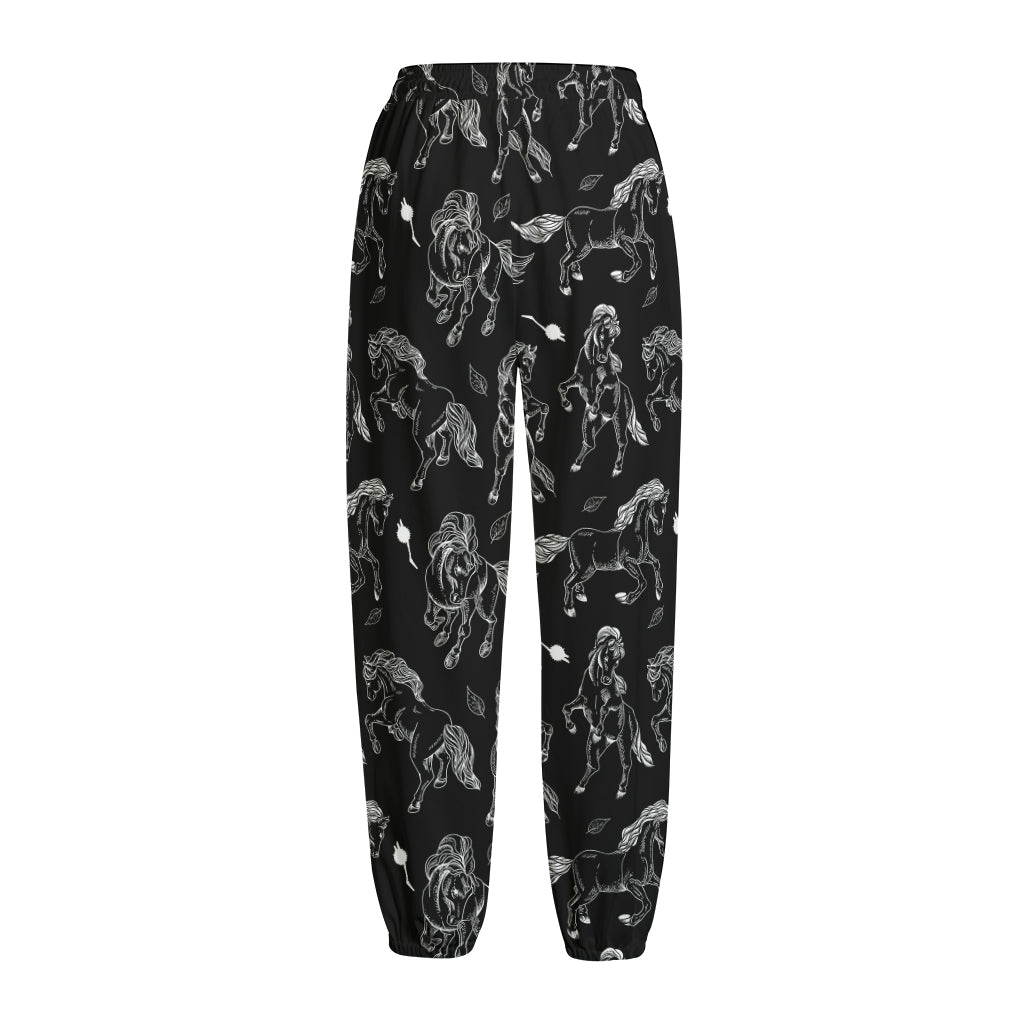 Black And White Horse Pattern Print Fleece Lined Knit Pants