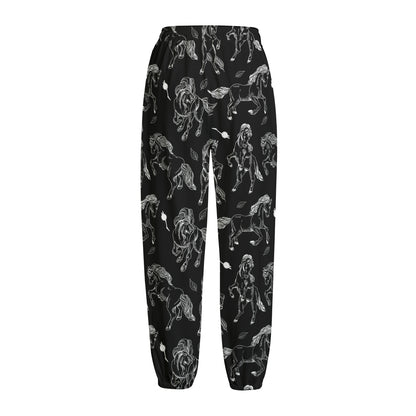 Black And White Horse Pattern Print Fleece Lined Knit Pants