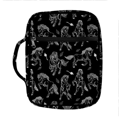 Black And White Horse Pattern Print Front Pocket Bible Bag