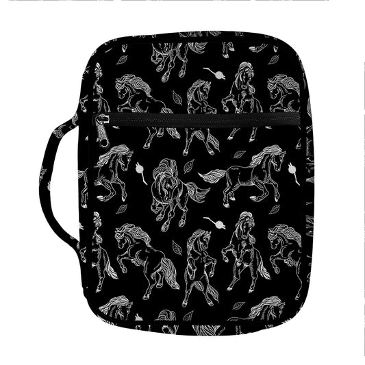 Black And White Horse Pattern Print Front Pocket Bible Bag