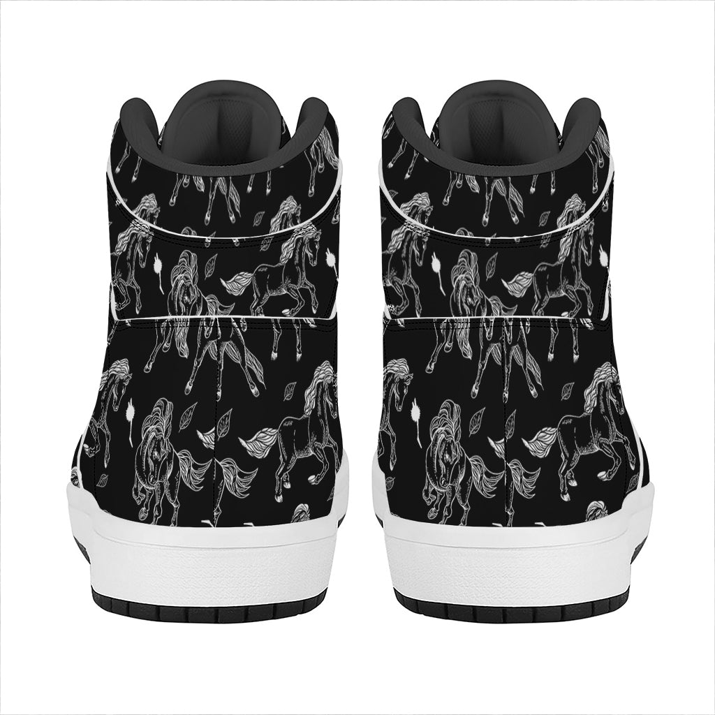 Black And White Horse Pattern Print High Top Leather Sneakers