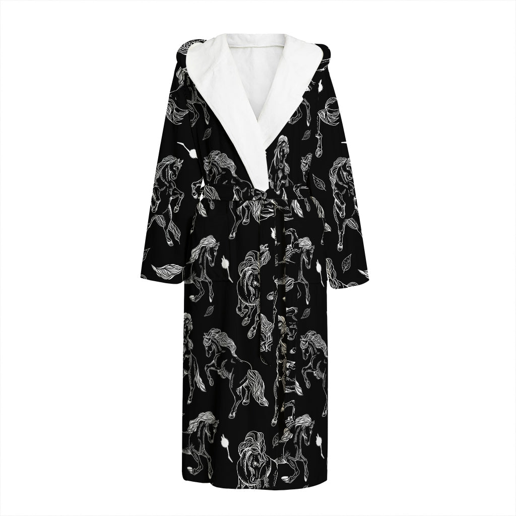 Black And White Horse Pattern Print Hooded Bathrobe