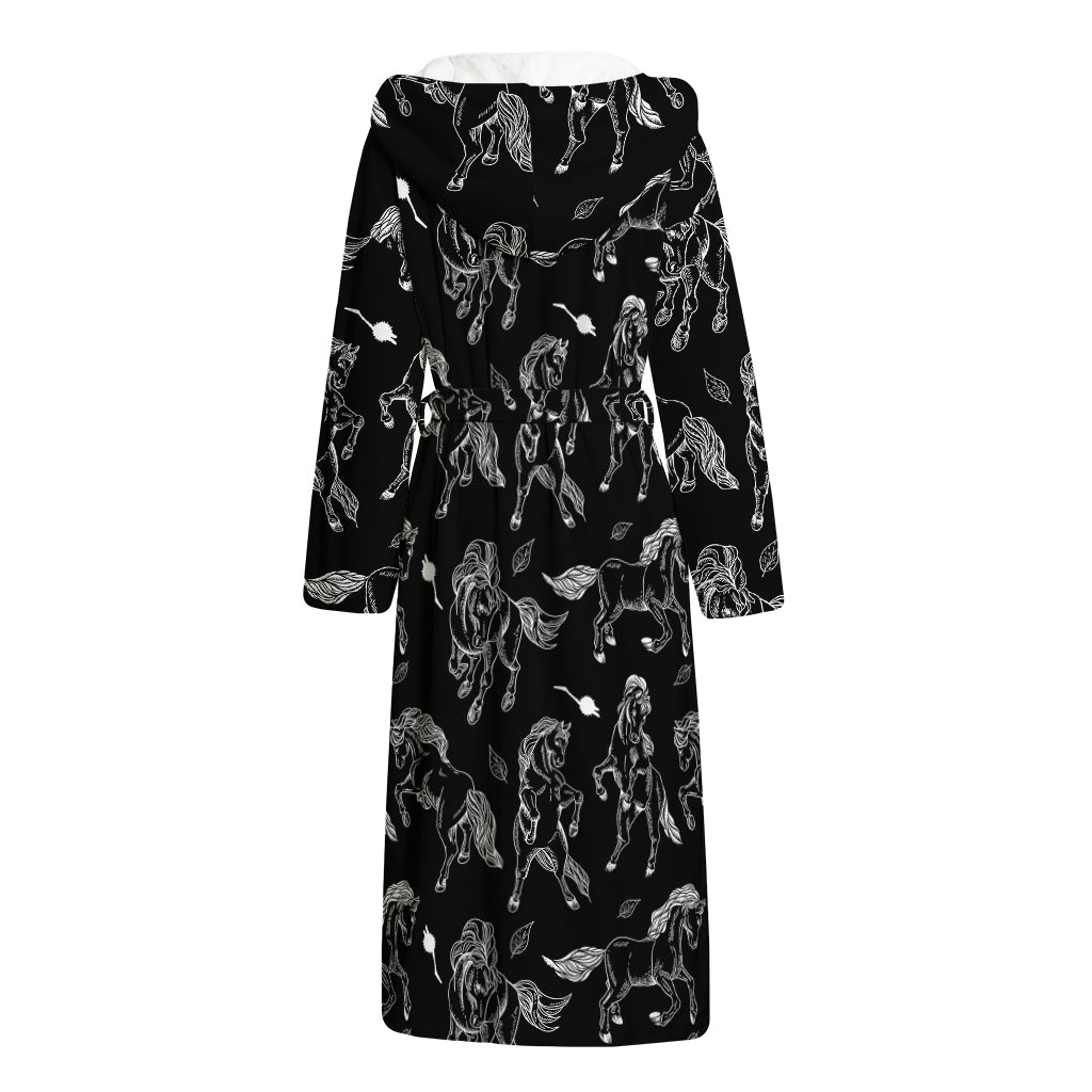 Black And White Horse Pattern Print Hooded Bathrobe