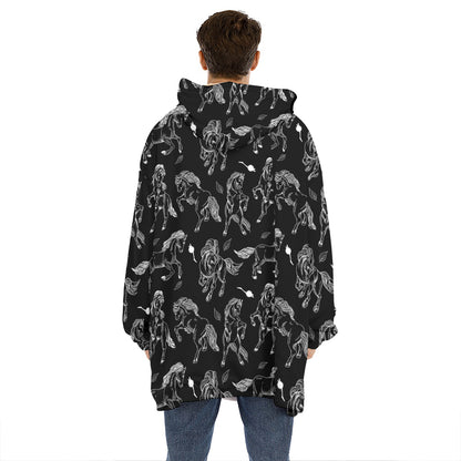 Black And White Horse Pattern Print Hoodie Blanket