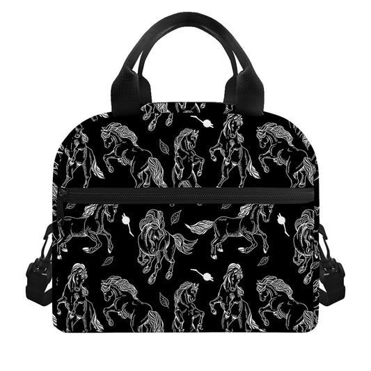Black And White Horse Pattern Print Insulated Lunch Bag