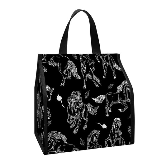 Black And White Horse Pattern Print Insulated Lunch Tote