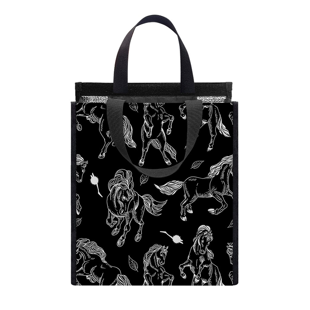 Black And White Horse Pattern Print Insulated Lunch Tote