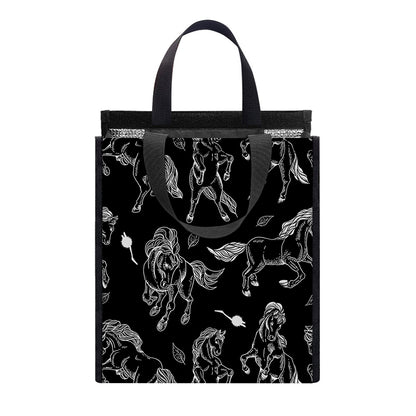 Black And White Horse Pattern Print Insulated Lunch Tote