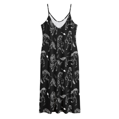 Black And White Horse Pattern Print Jersey Midi Cami Dress