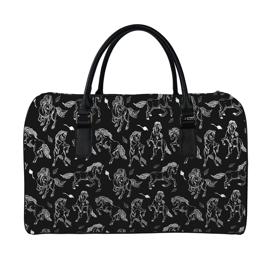 Black And White Horse Pattern Print Leather Duffle Bag