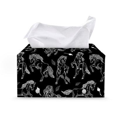 Black And White Horse Pattern Print Leather Tissue Box Cover