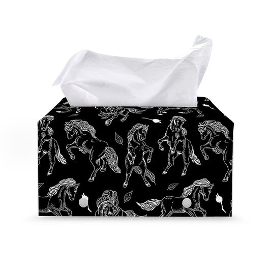 Black And White Horse Pattern Print Leather Tissue Box Cover
