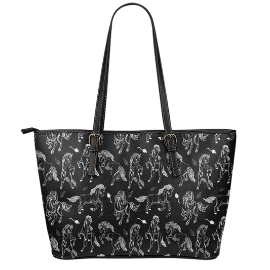Black And White Horse Pattern Print Leather Tote Bag