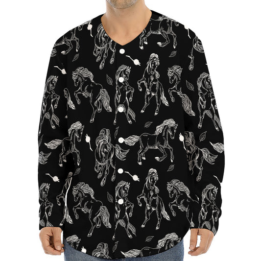 Black And White Horse Pattern Print Long Sleeve Baseball Jersey