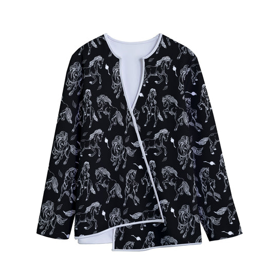 Black And White Horse Pattern Print Long Sleeve Short Coat