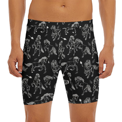 Black And White Horse Pattern Print Men's Long Boxer Briefs
