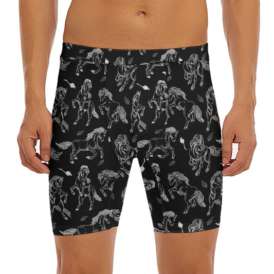 Black And White Horse Pattern Print Men's Long Boxer Briefs