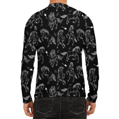 Black And White Horse Pattern Print Men's Long Sleeve Rash Guard