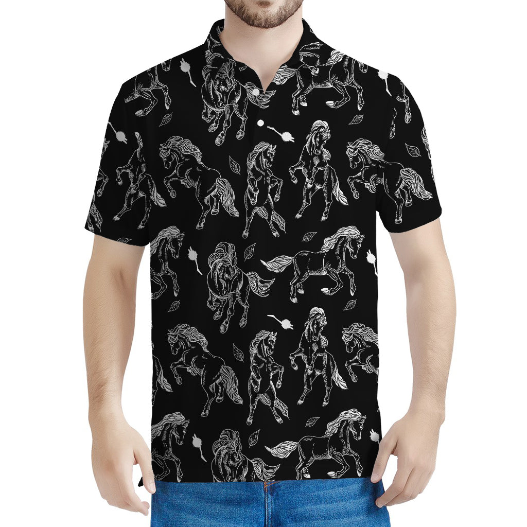 Black And White Horse Pattern Print Men's Polo Shirt