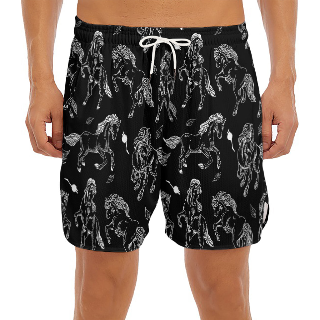 Black And White Horse Pattern Print Men's Split Running Shorts