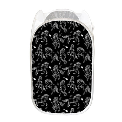Black And White Horse Pattern Print Mesh Laundry Hamper